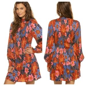 FARM RIO Garden Smocked Long Sleeve Minidress